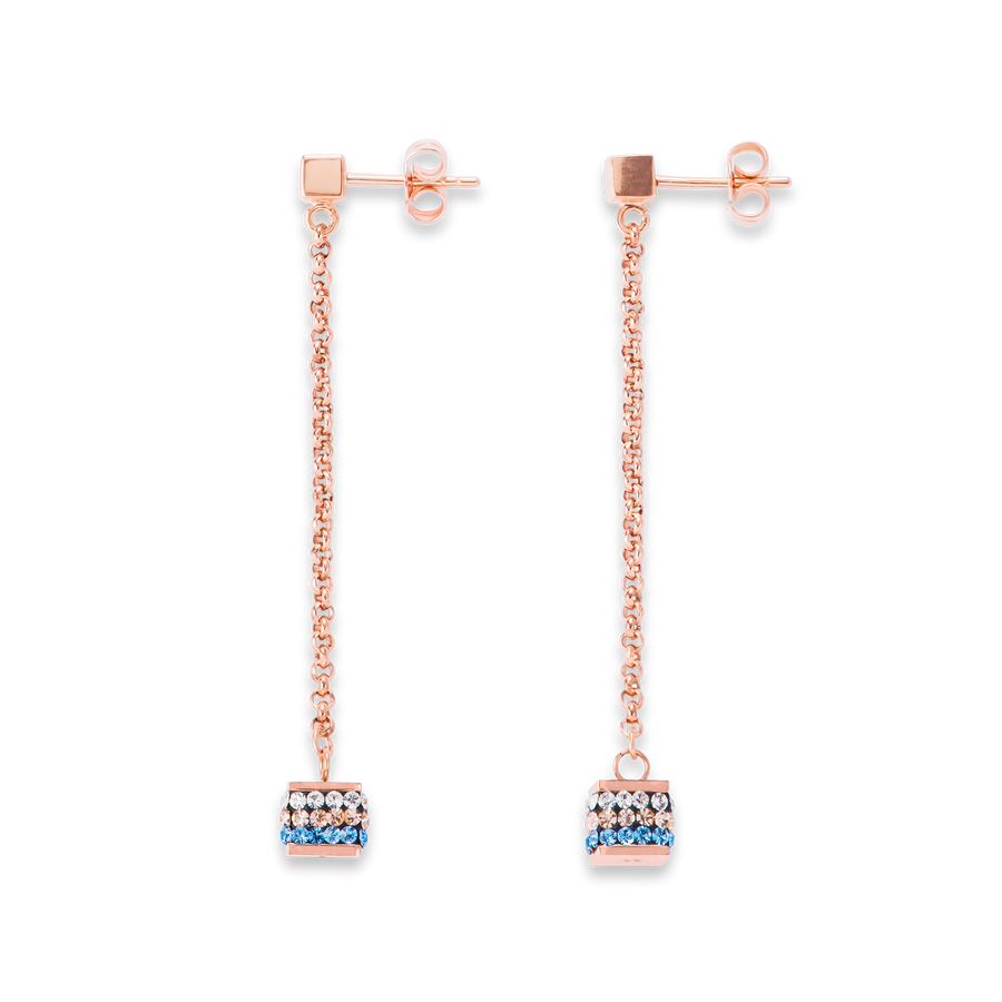 Earrings Cube Crystals pavé & stainless steel rose gold & blue