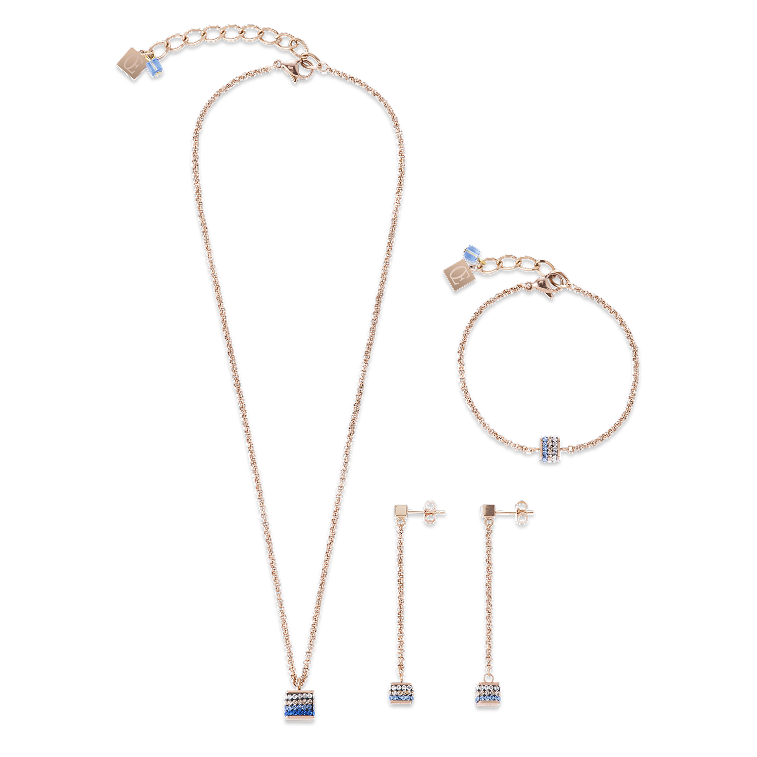 Earrings Cube Crystals pavé & stainless steel rose gold & blue
