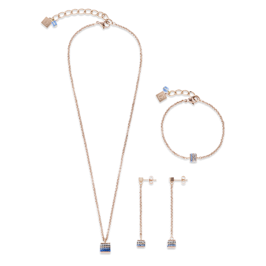 Earrings Cube Crystals pavé & stainless steel rose gold & blue