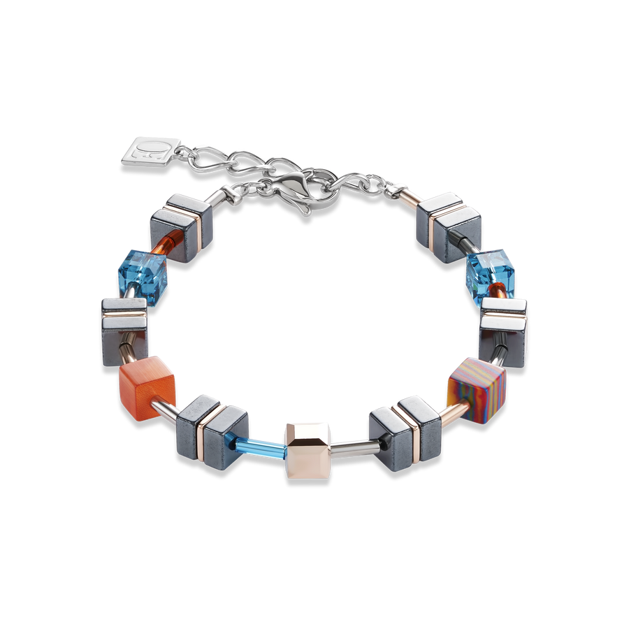 Bracelet GeoCUBE® Haematite, Crystals & synthetic malachite orange-turquoise