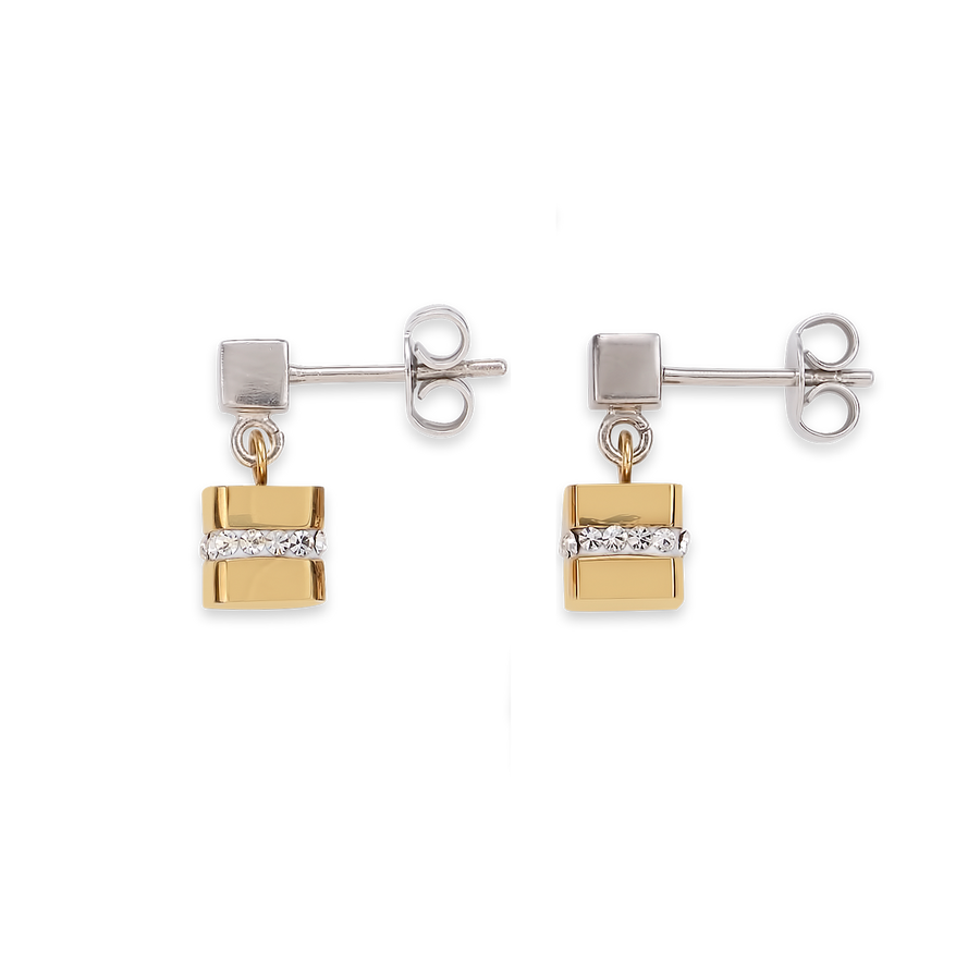 Earrings Cube stainless steel gold & crystals pavé crystal