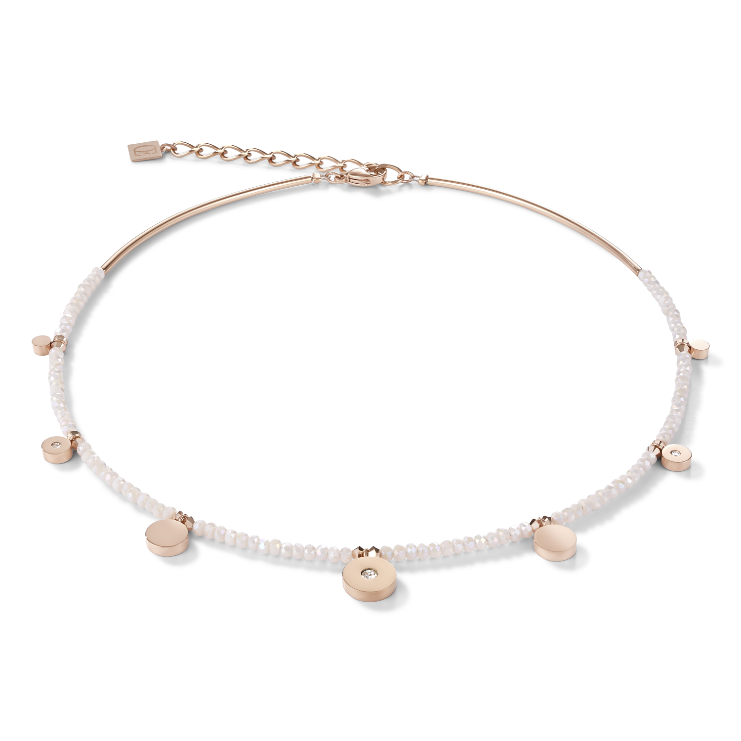 Necklace Coins Stainless steel rose gold, cut glass & Crystals white