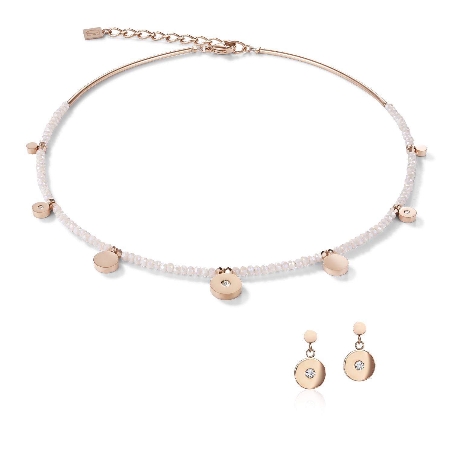 Necklace Coins Stainless steel rose gold, cut glass & Crystals white