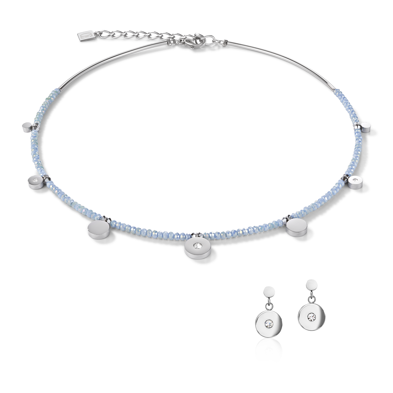 Earrings Coin Stainless steel, cut glass & Crystals light blue