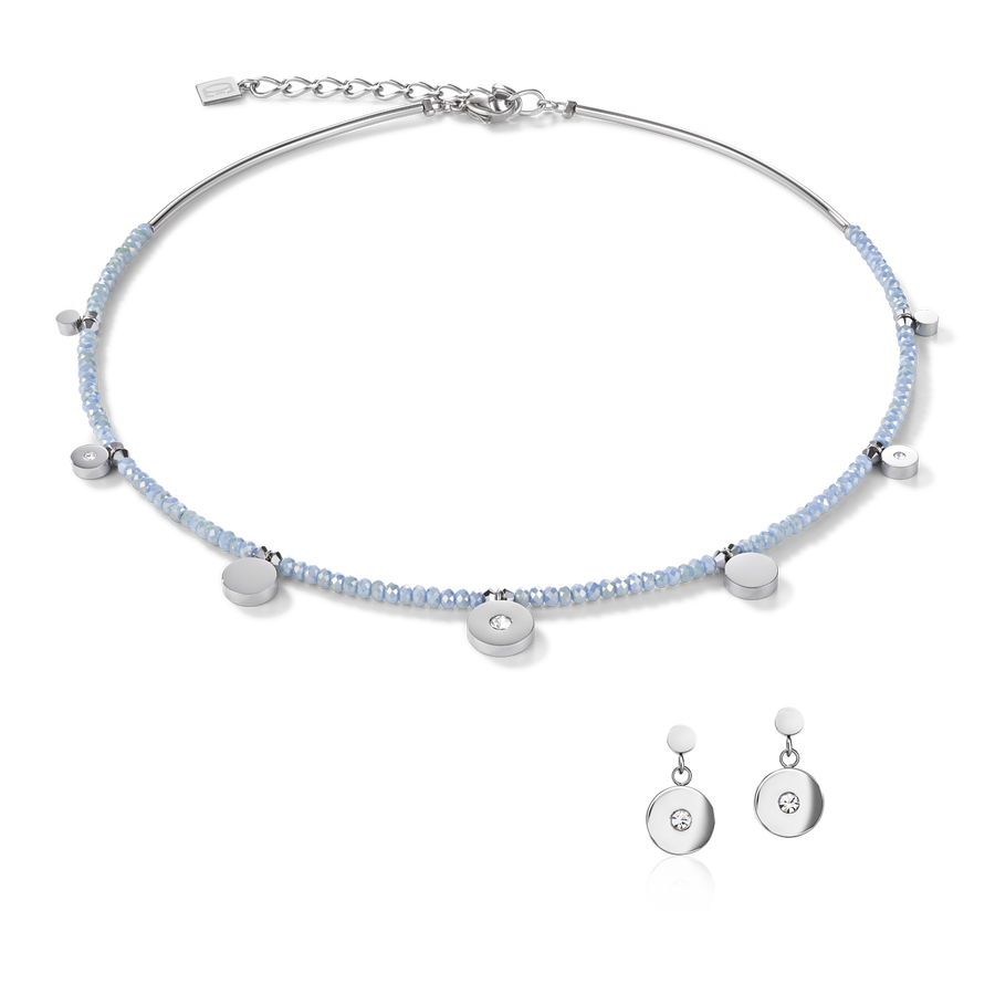 Earrings Coin Stainless steel, cut glass & Crystals light blue
