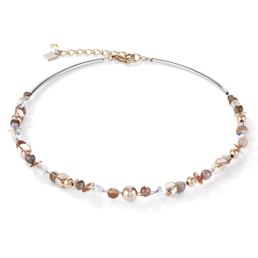 Necklace TwistedPEARLS Botswana agate & stainless steel rose gold beige-grey
