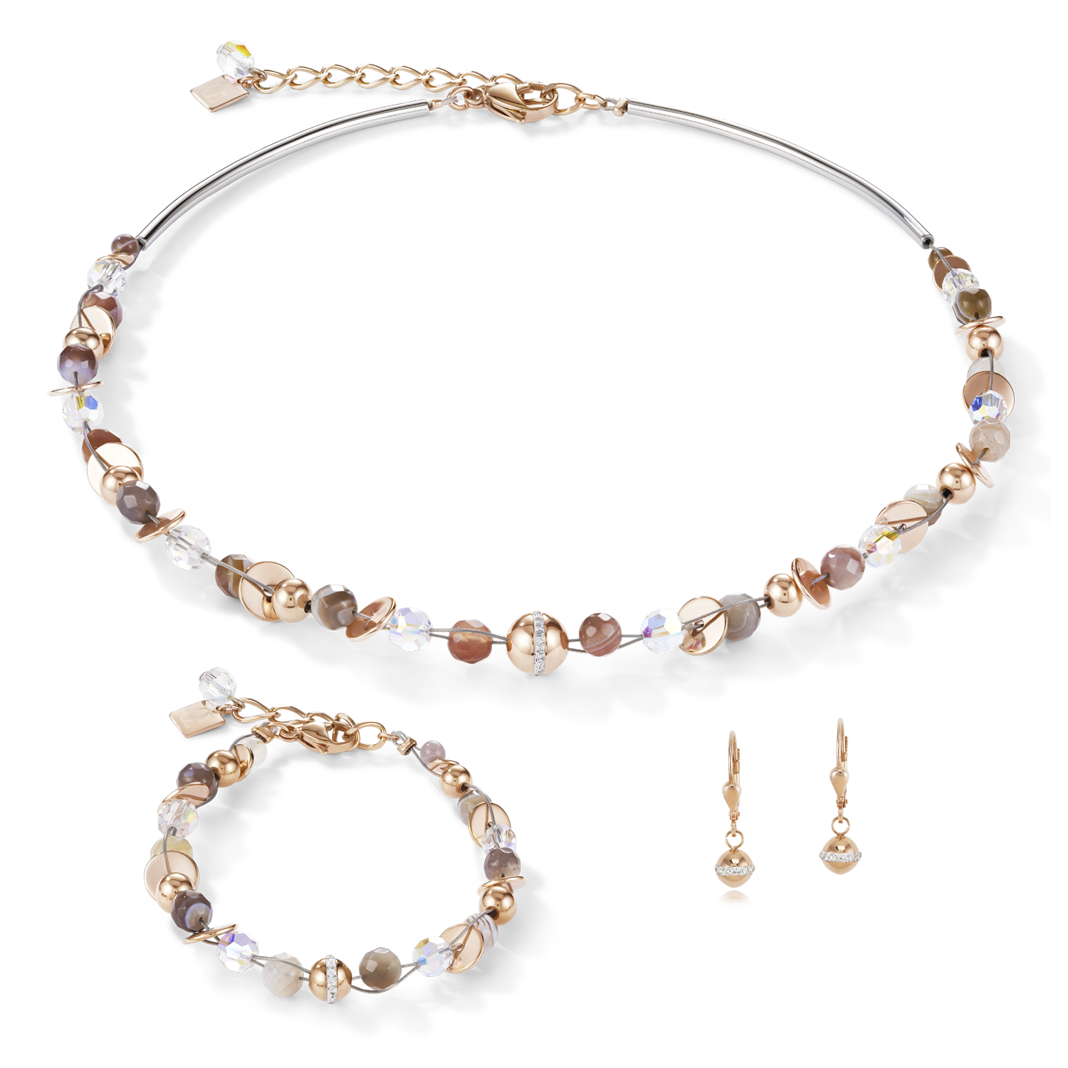 Necklace TwistedPEARLS Botswana agate & stainless steel rose gold beige-grey