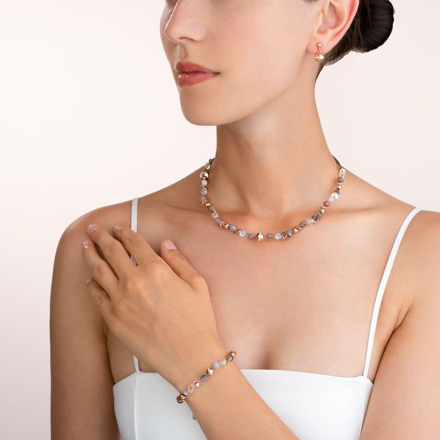 Necklace TwistedPEARLS Botswana agate & stainless steel rose gold beige-grey
