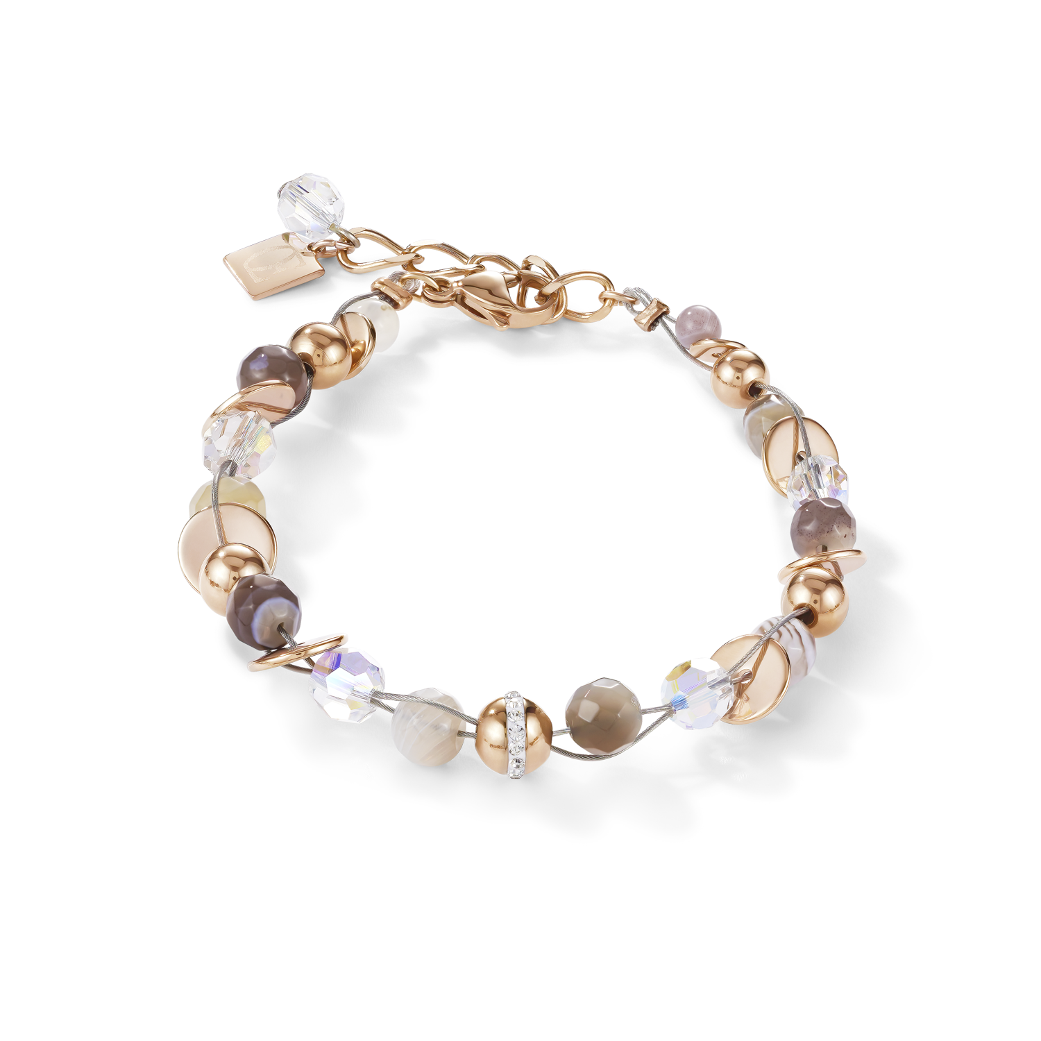 Bracelet TwistedPEARLS Botswana agate & stainless steel rose gold beige-grey