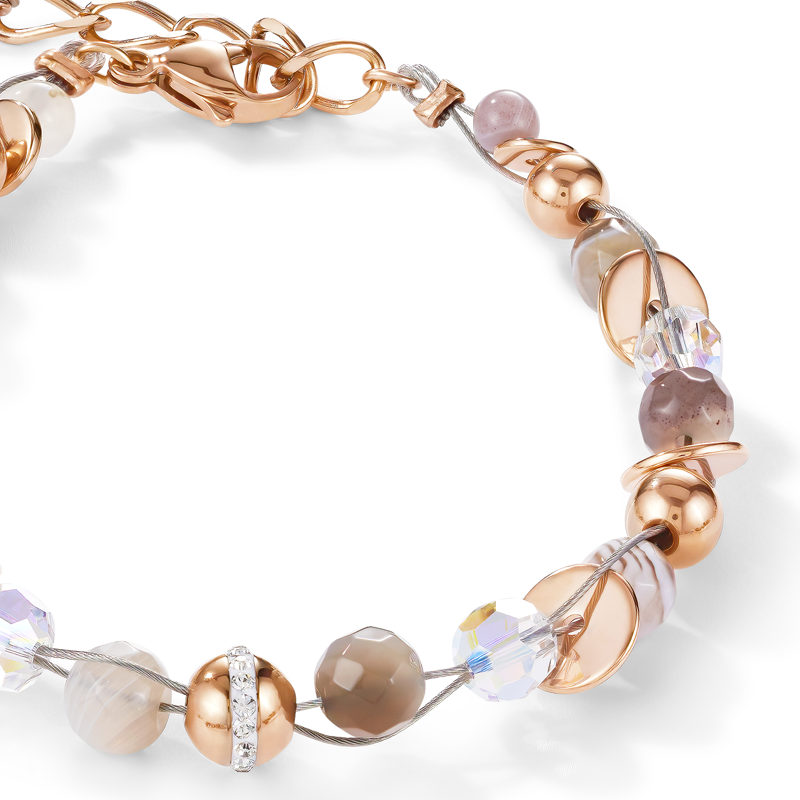 Bracelet TwistedPEARLS Botswana agate & stainless steel rose gold beige-grey