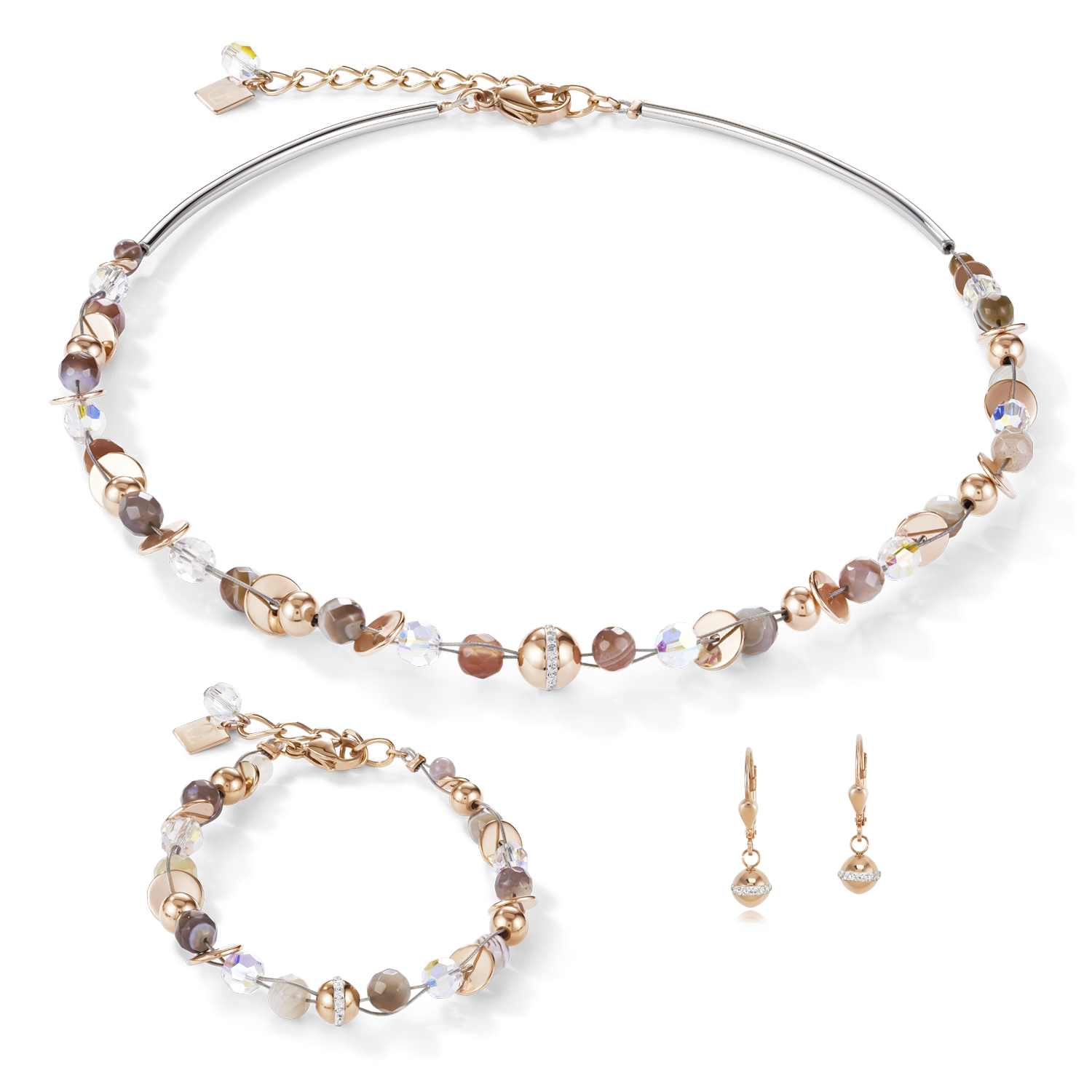 Bracelet TwistedPEARLS Botswana agate & stainless steel rose gold beige-grey