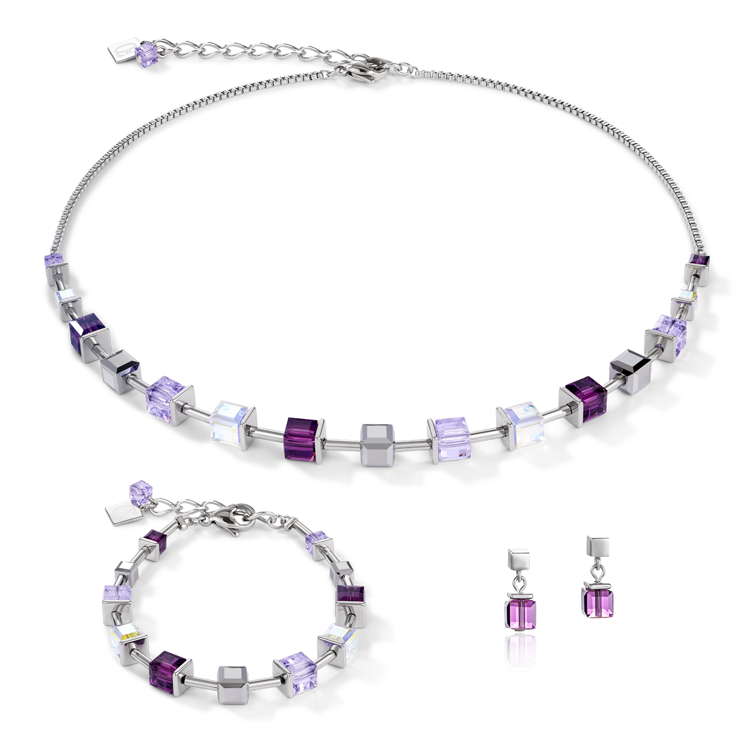 Necklace GeoCUBE®  Crystals & stainless steel amethyst