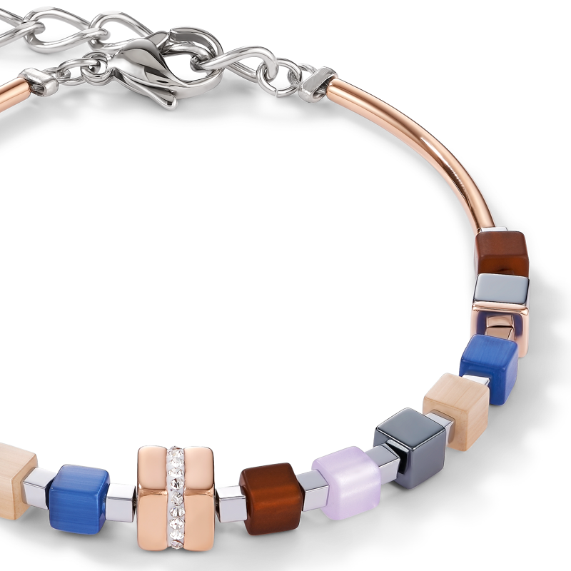 Bracelet GeoCUBE® Stainless steel rose gold & crystals pavé blue-brown