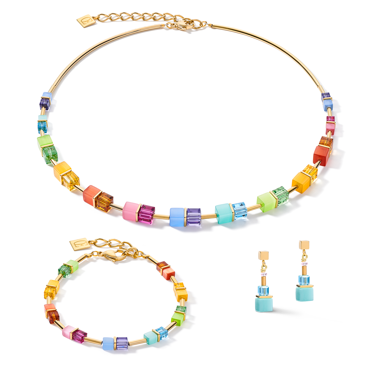 Earrings GeoCUBE® colour couple multicolour rainbow-gold