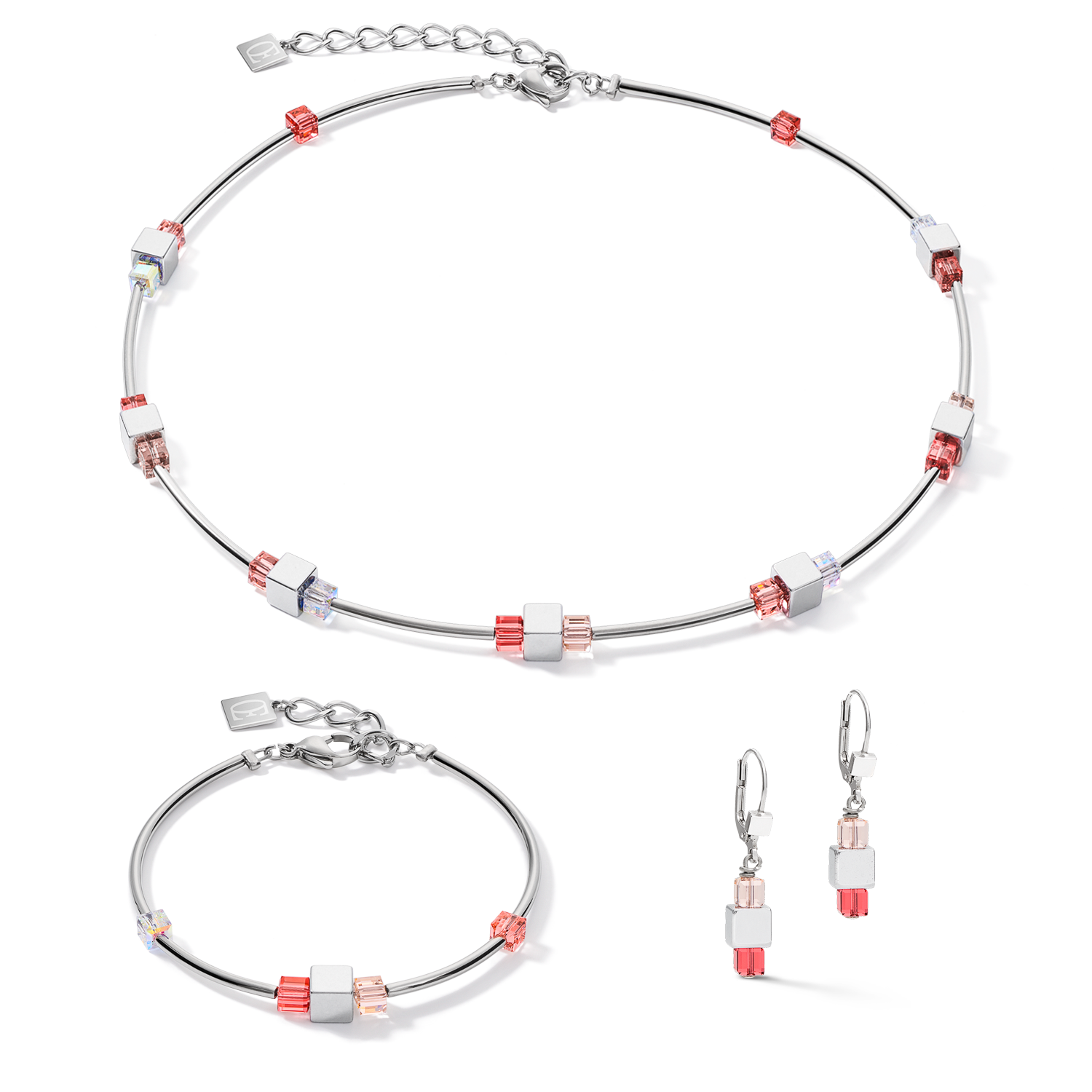 Bracelet GeoCUBE® Haematite & Crystals  silver-red