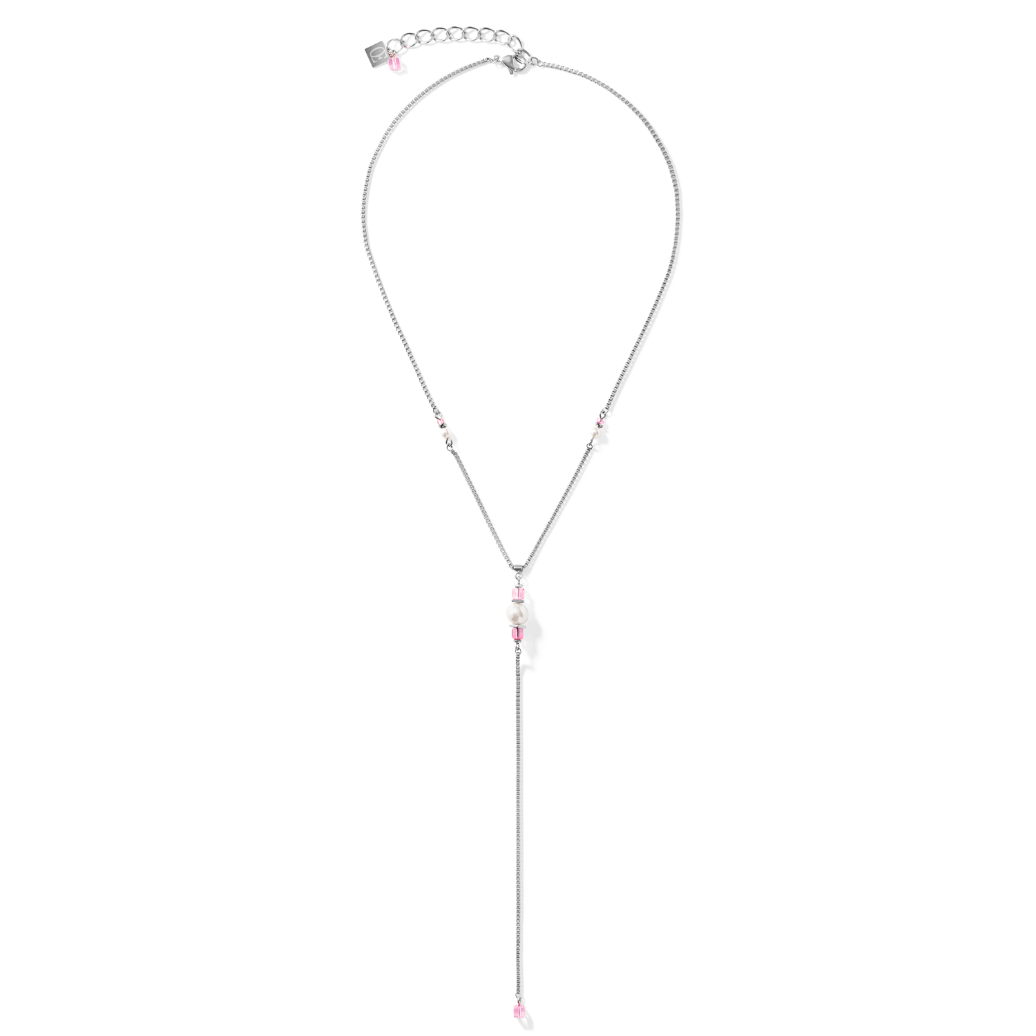 Necklace Ypsilon Chain Crystal Pearl,  Crystals & stainless steel silver-rose