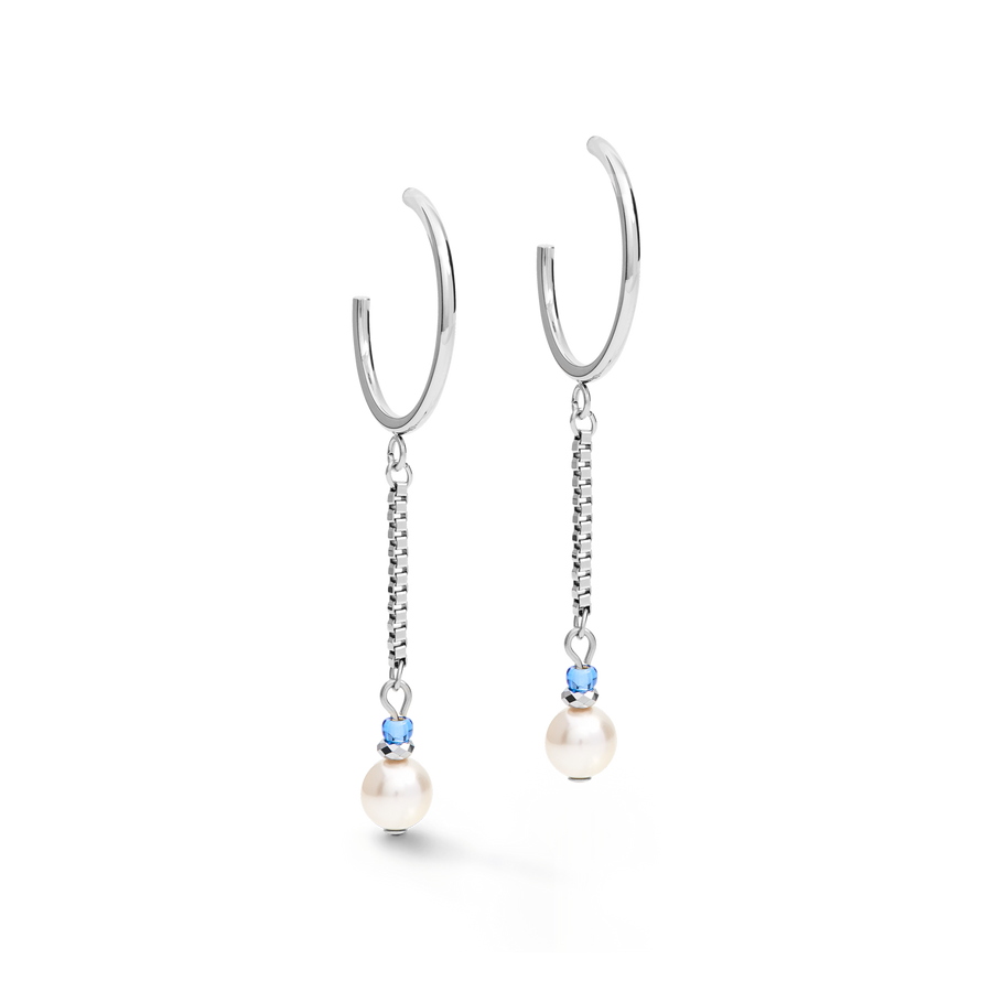 Earrings Creole Ypsilon Chain Crystal Pearl, Crystals & stainless steel silver-light blue