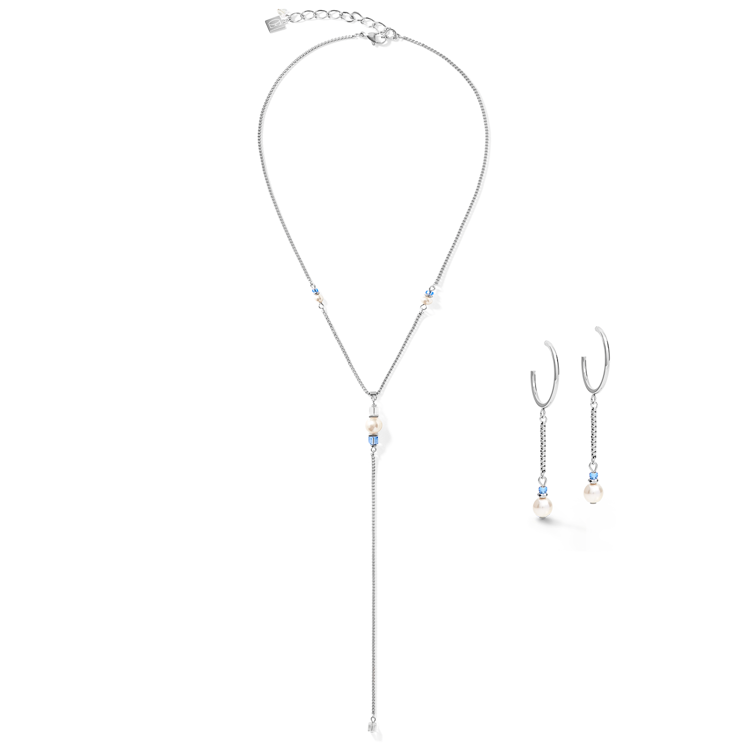 Earrings Creole Ypsilon Chain Crystal Pearl, Crystals & stainless steel silver-light blue