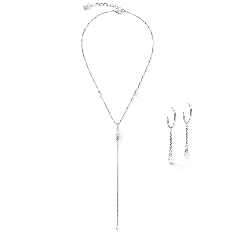 Earrings Creole Ypsilon Chain Crystal Pearl, Crystals & stainless steel silver-light blue