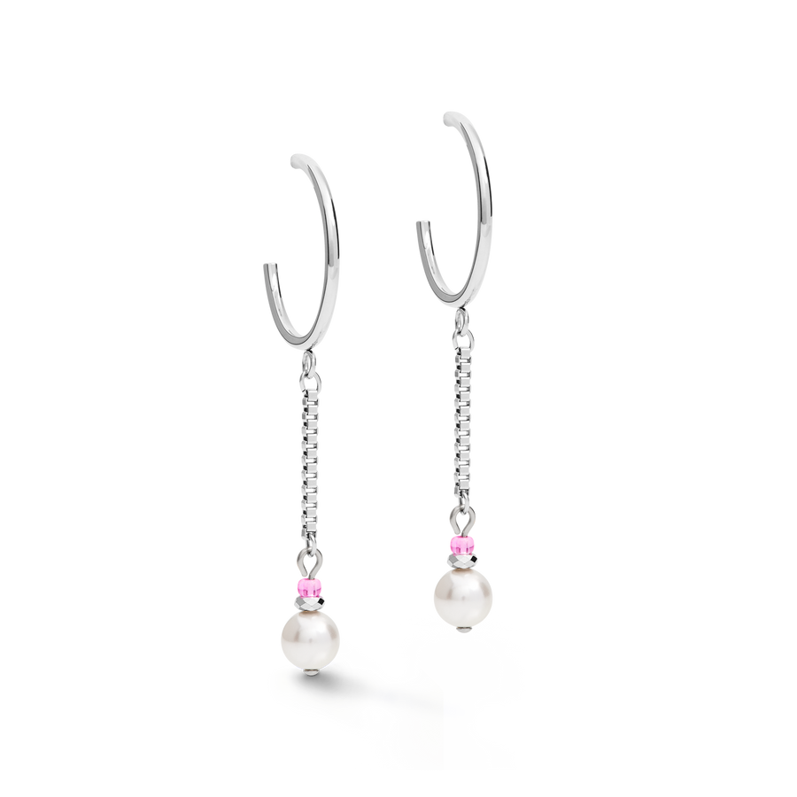 Earrings Creole Ypsilon Chain Crystal Pearl,  Crystals & stainless steel silver-rose