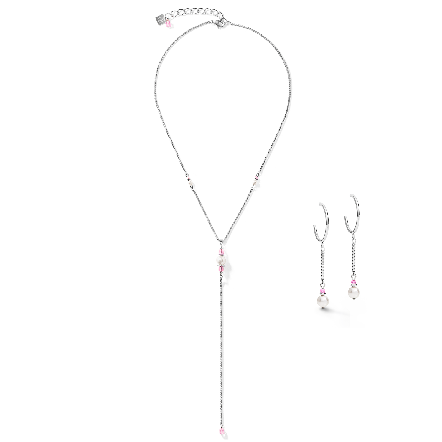 Earrings Creole Ypsilon Chain Crystal Pearl,  Crystals & stainless steel silver-rose