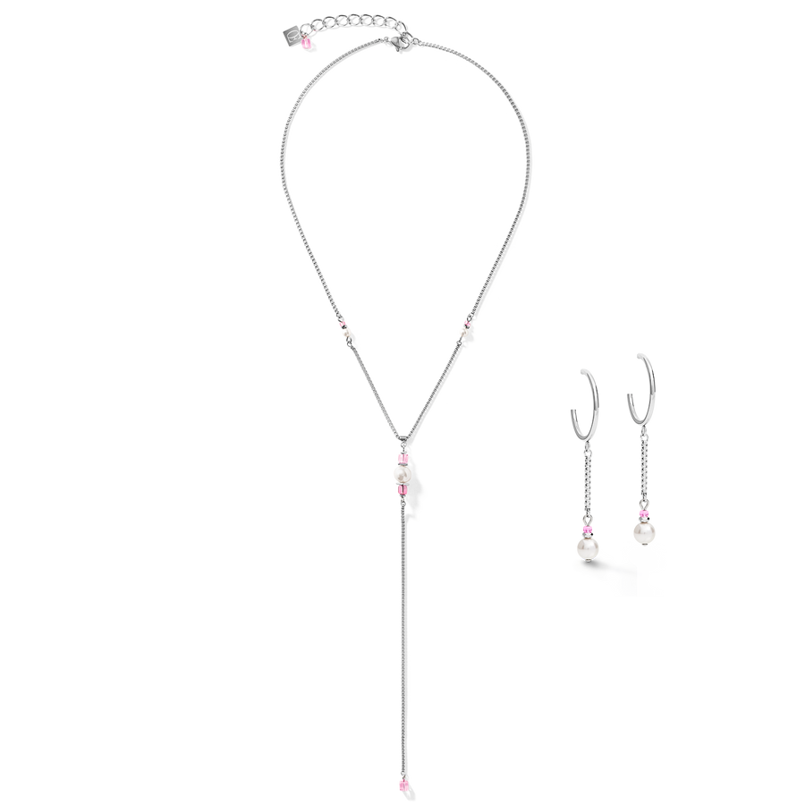 Earrings Creole Ypsilon Chain Crystal Pearl,  Crystals & stainless steel silver-rose