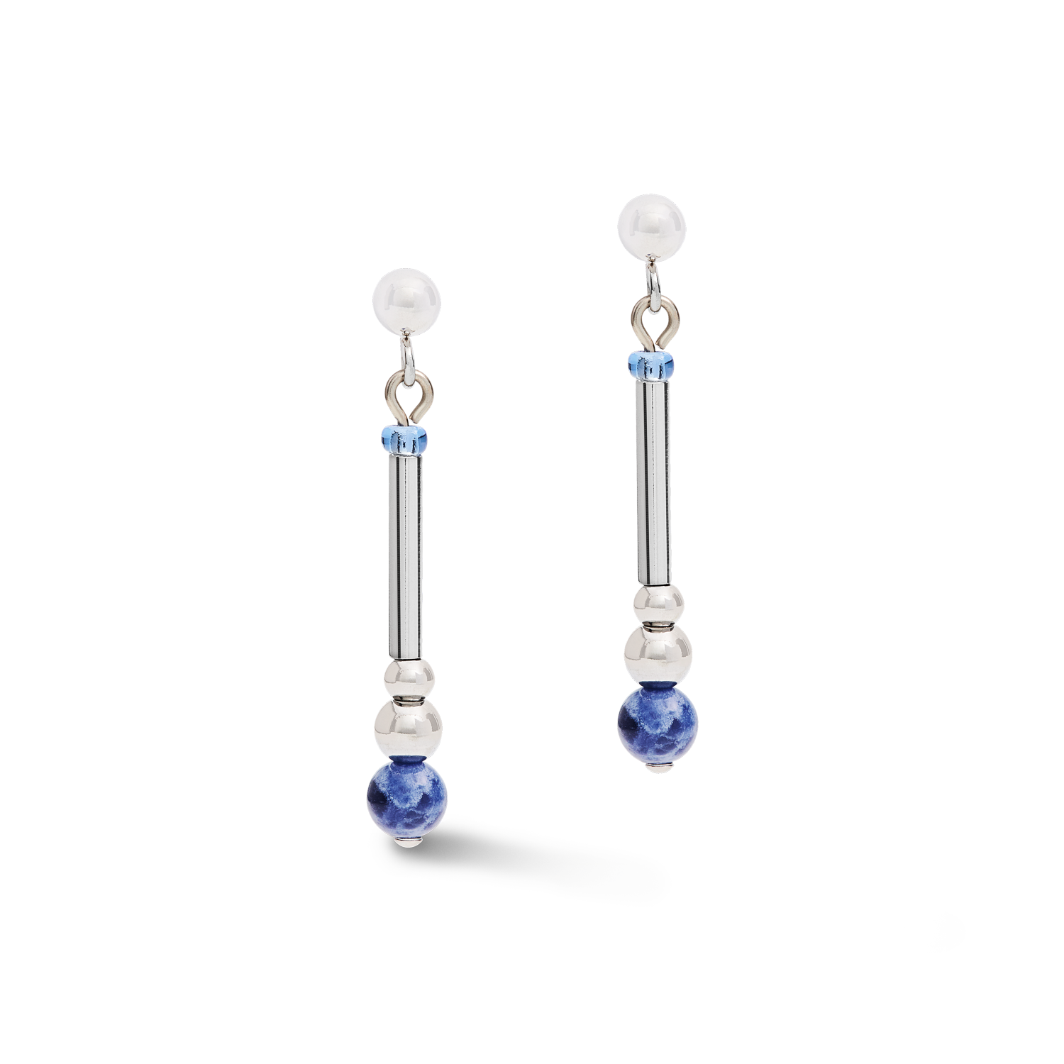 Earrings Y2 sodalite spheres, crystals pavé & stainless steel silver blue