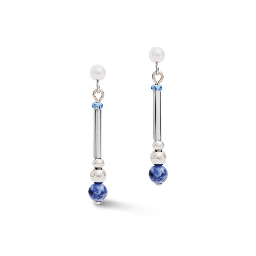 Earrings Y2 sodalite spheres, crystals pavé & stainless steel silver blue