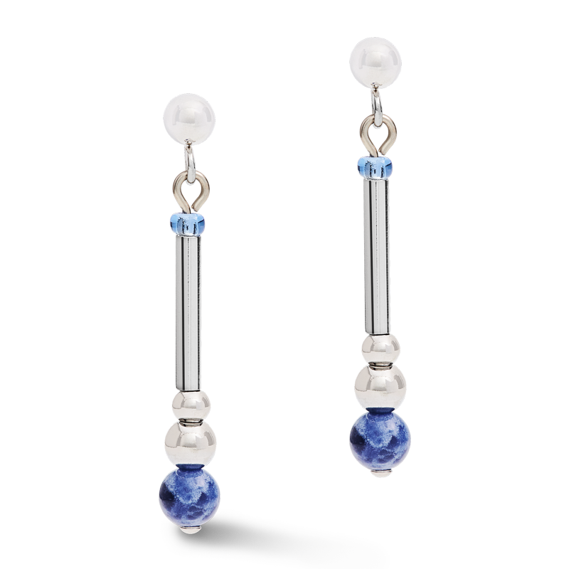 Earrings Y2 sodalite spheres, crystals pavé & stainless steel silver blue