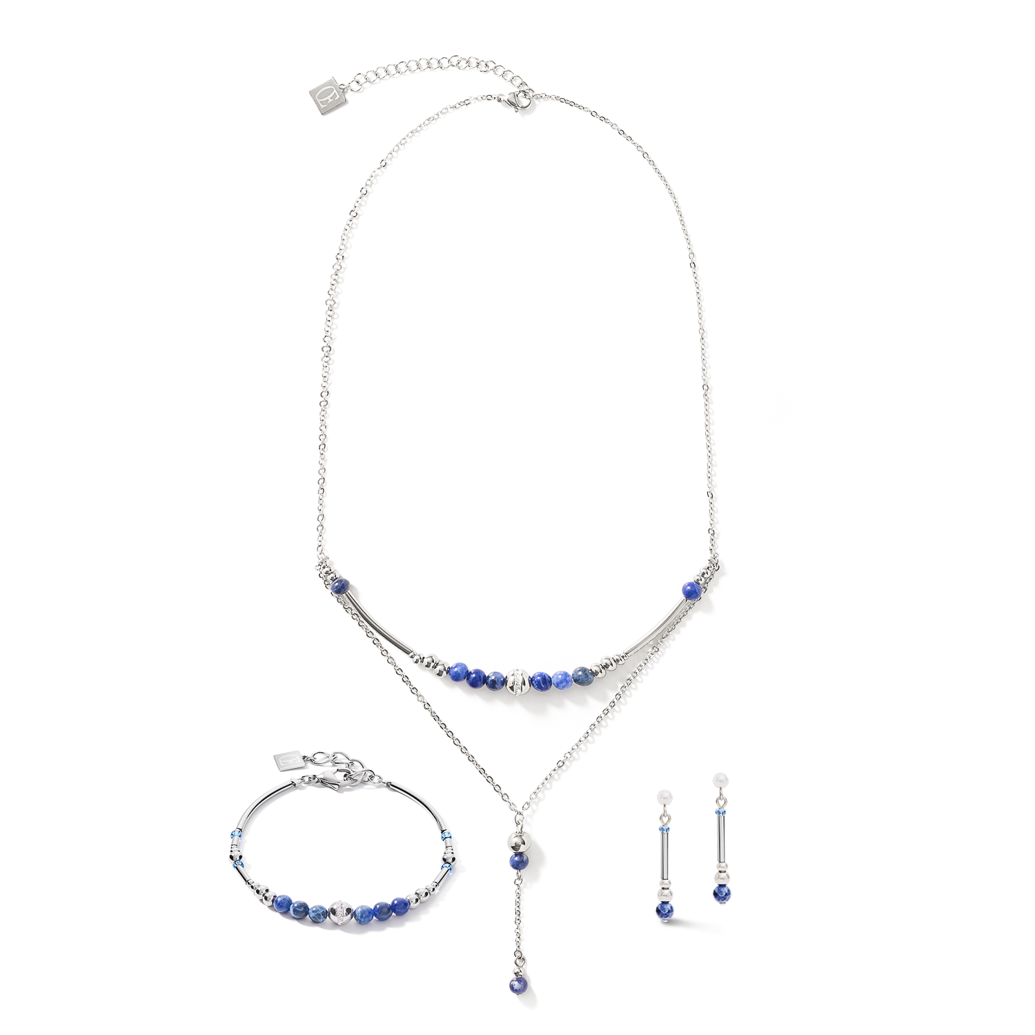 Earrings Y2 sodalite spheres, crystals pavé & stainless steel silver blue