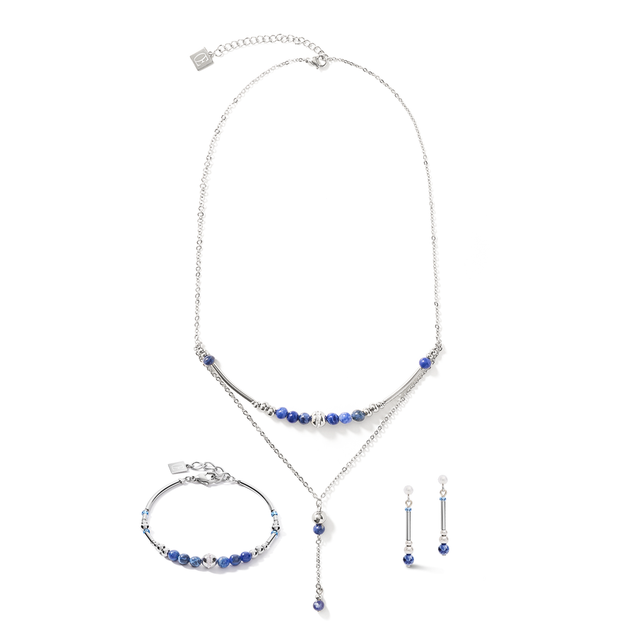 Earrings Y2 sodalite spheres, crystals pavé & stainless steel silver blue