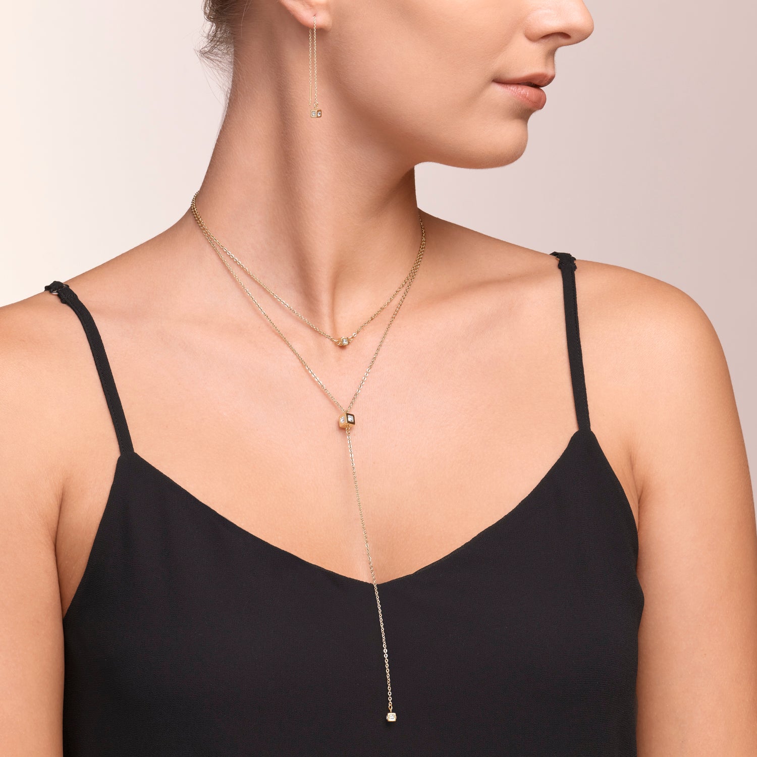Necklace Y long Minimalist Chain stainless steel gold crystal