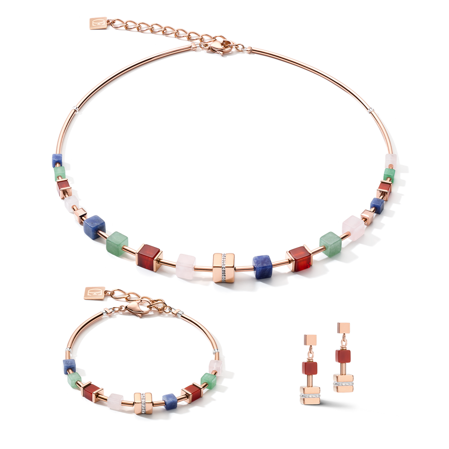 Necklace GeoCUBE® big Kristall Pavé Cube, Edelsteine & Edelstahl roségold multicolor gemstone