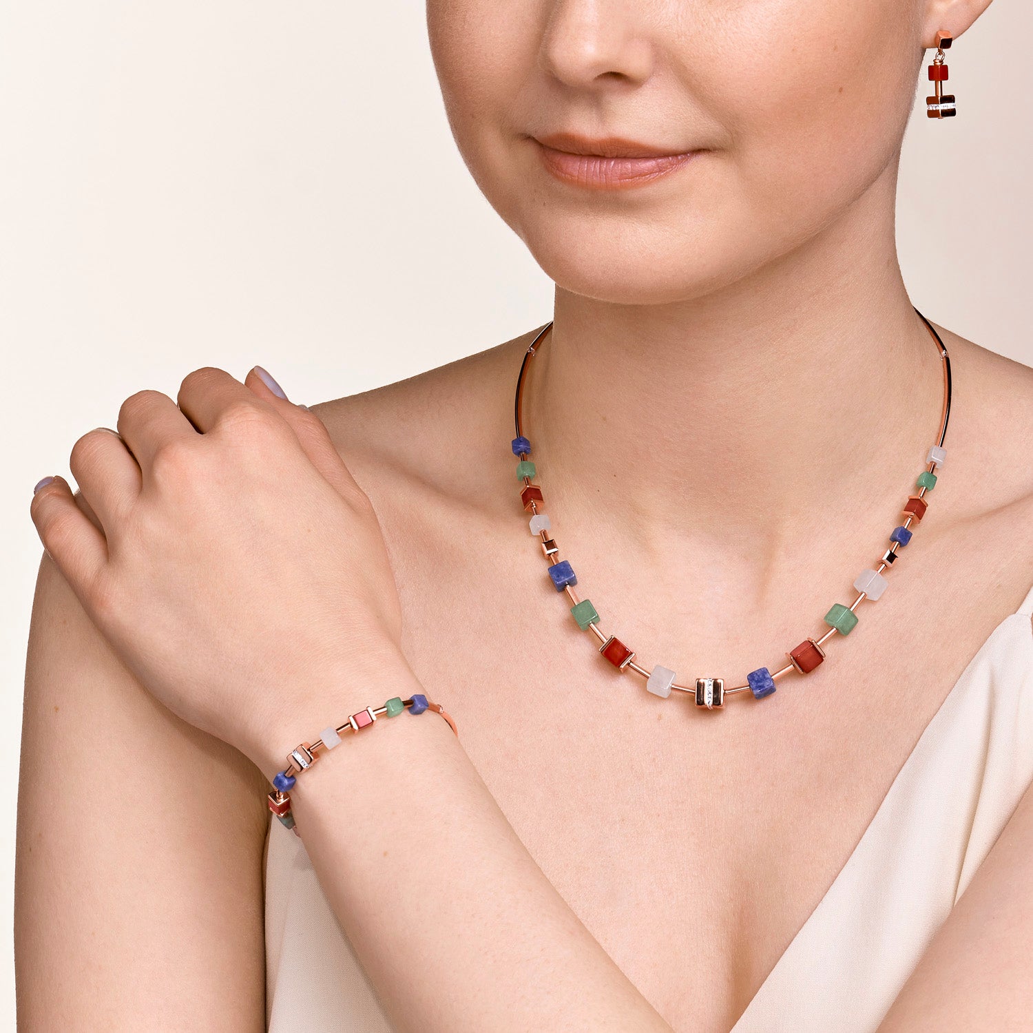 Necklace GeoCUBE® big Kristall Pavé Cube, Edelsteine & Edelstahl roségold multicolor gemstone