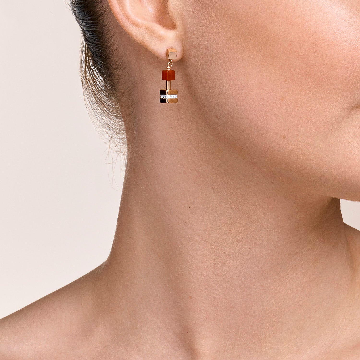 Earrings GeoCUBE® big cube crystals pavé, gemstones & stainless steel rose gold multicolor gemstone