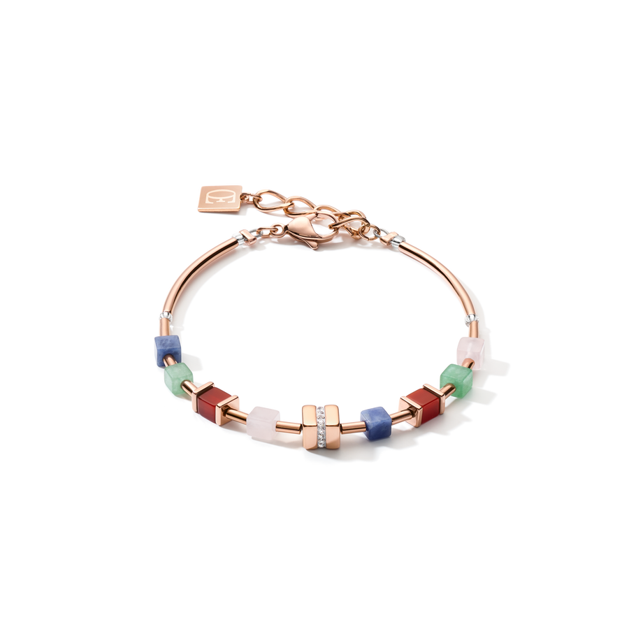 Bracelet GeoCUBE® big cube crystals pavé, gemstones & stainless steel rose gold  multicolor gemstone