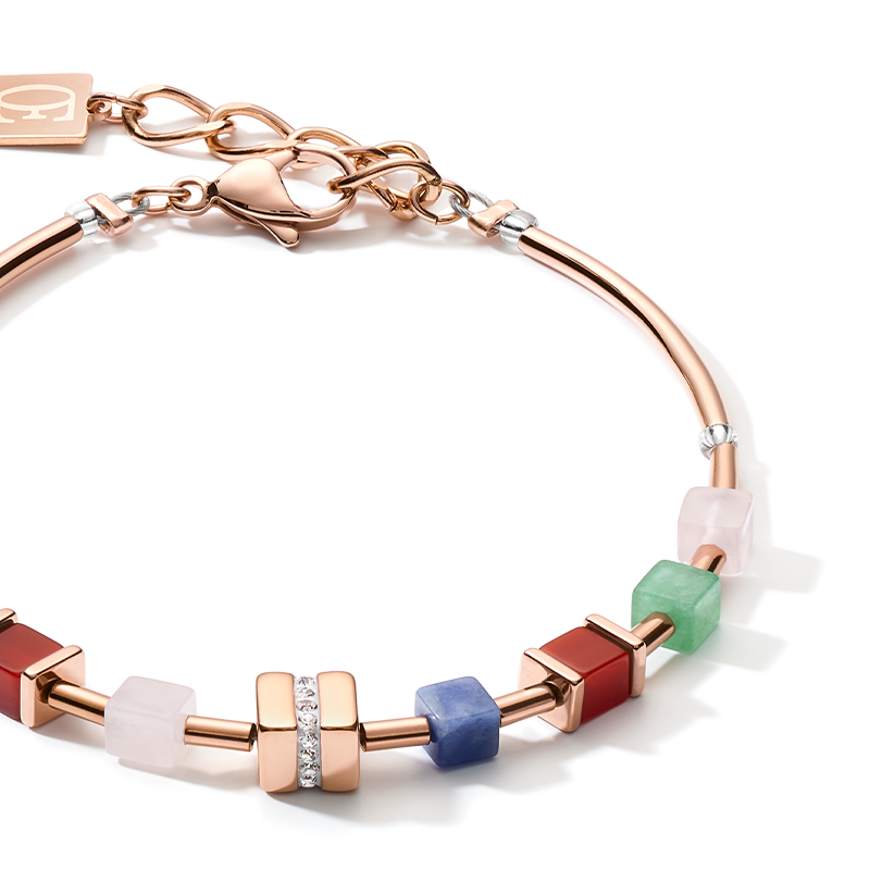 Bracelet GeoCUBE® big cube crystals pavé, gemstones & stainless steel rose gold  multicolor gemstone