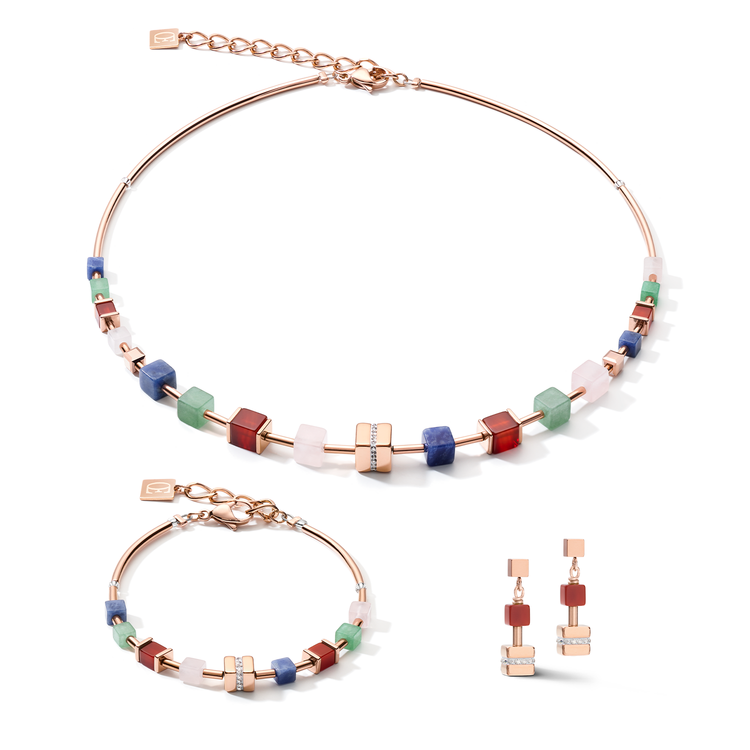 Bracelet GeoCUBE® big cube crystals pavé, gemstones & stainless steel rose gold  multicolor gemstone