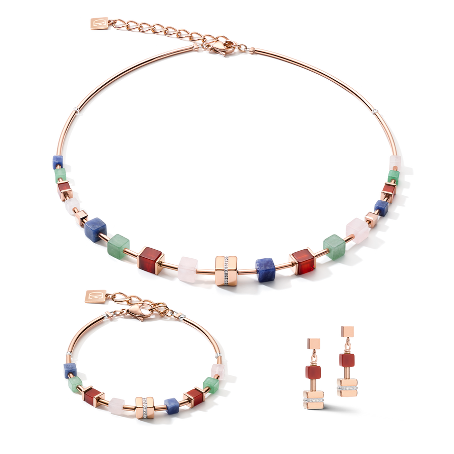 Bracelet GeoCUBE® big cube crystals pavé, gemstones & stainless steel rose gold  multicolor gemstone
