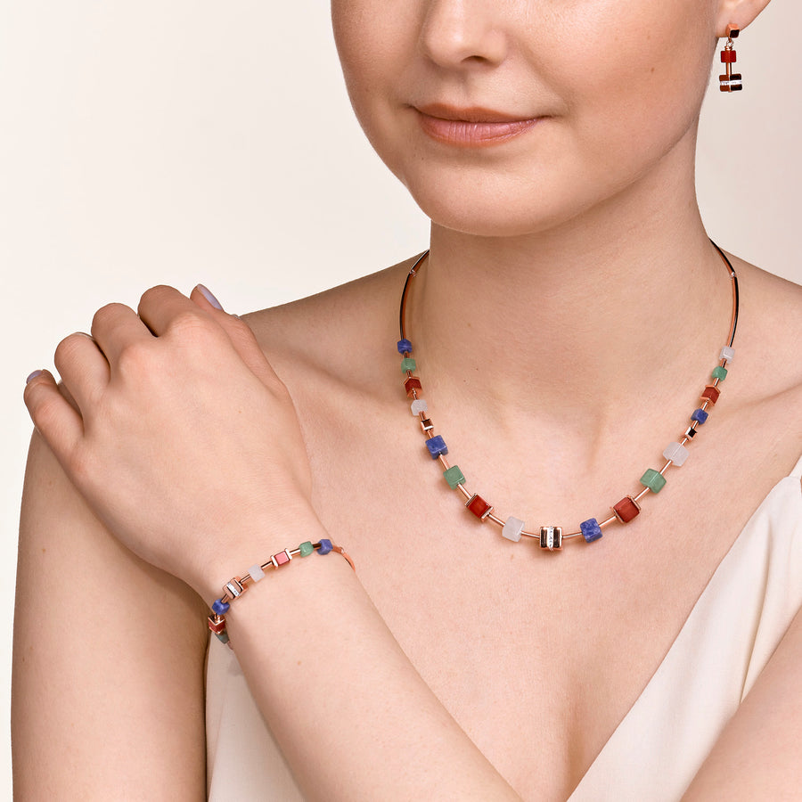 Bracelet GeoCUBE® big cube crystals pavé, gemstones & stainless steel rose gold  multicolor gemstone