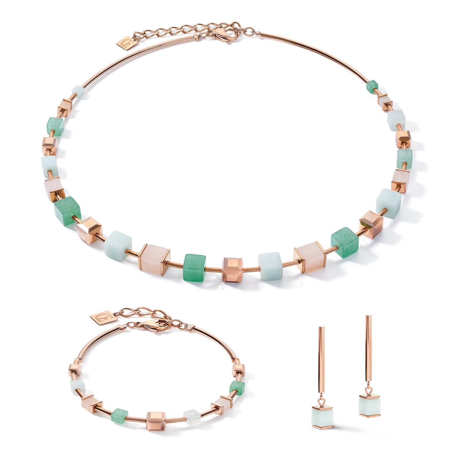Necklace GeoCUBE® big  Gemstones, Crystals & stainless steel rose gold green-beige