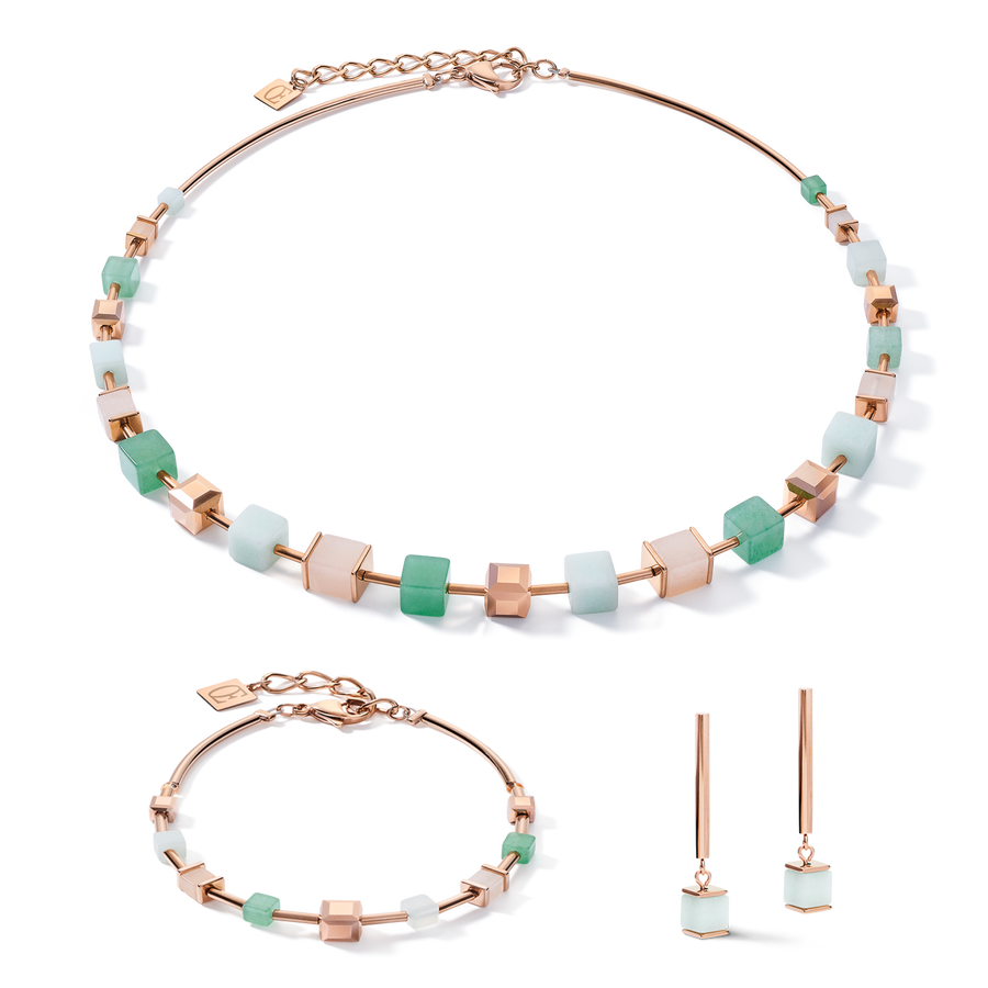 Necklace GeoCUBE® big  Gemstones, Crystals & stainless steel rose gold green-beige