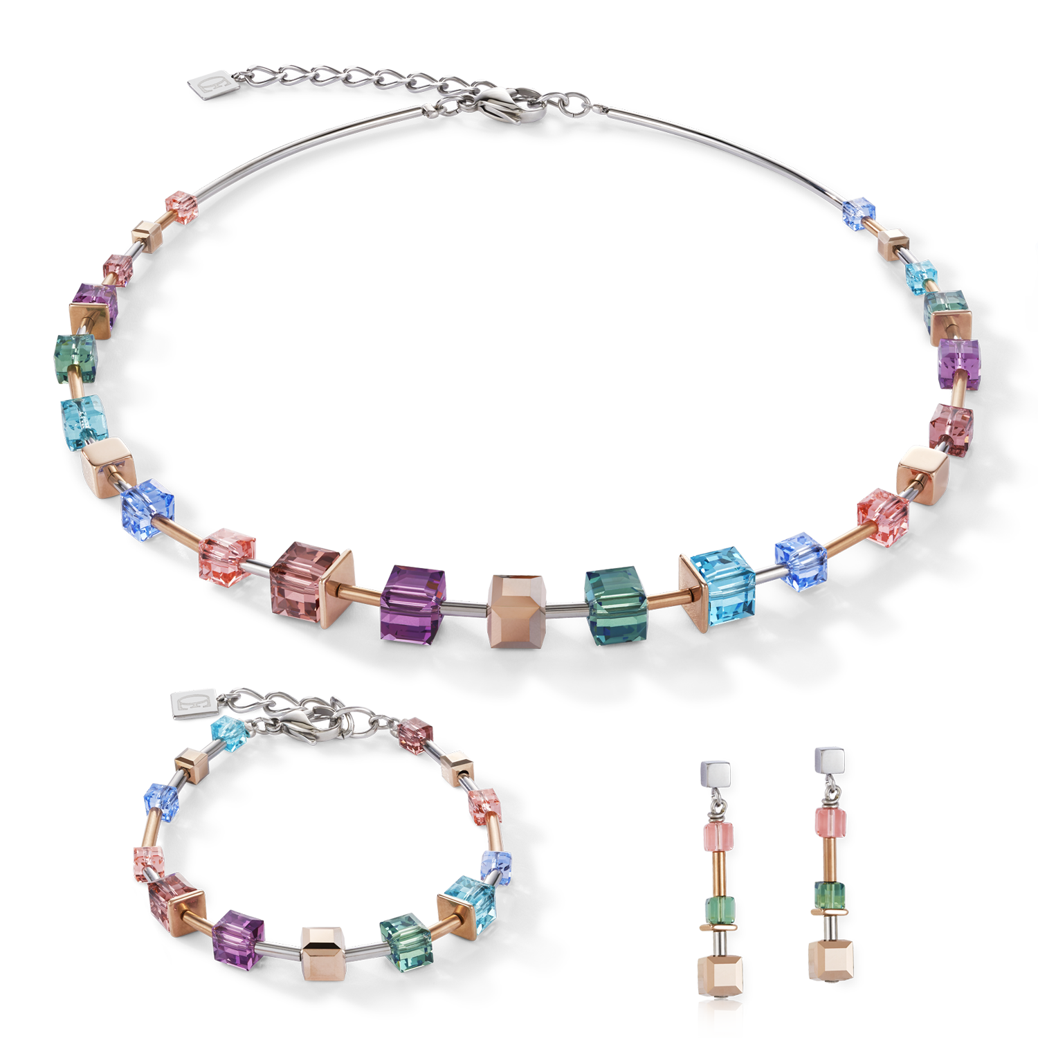 Necklace GeoCUBE® multicolour & stainless steel rose gold