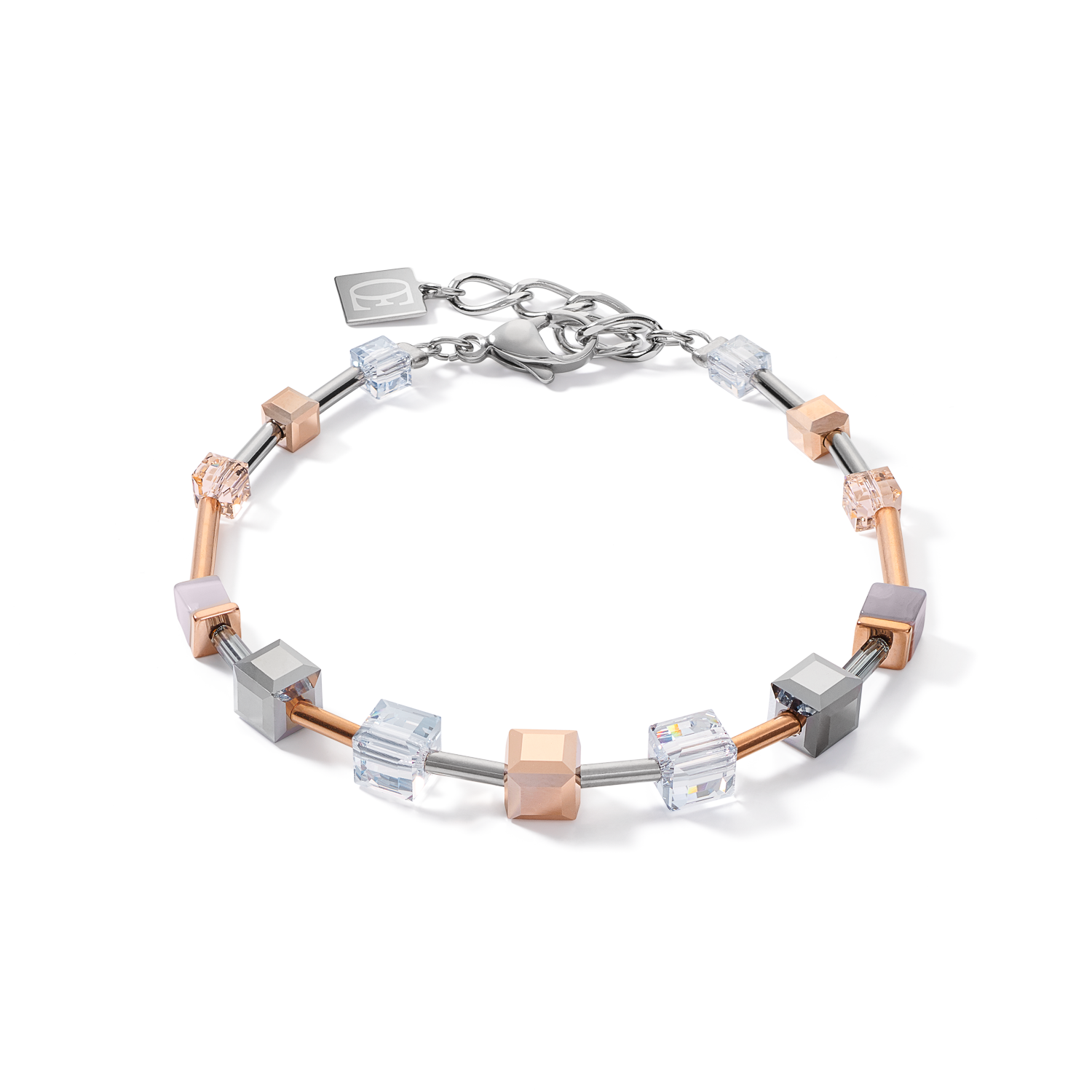 Bracelet GeoCUBE® big  Crystals, Botswana agate & stainless steel rose gold-silver