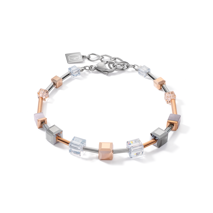 Bracelet GeoCUBE® big  Crystals, Botswana agate & stainless steel rose gold-silver
