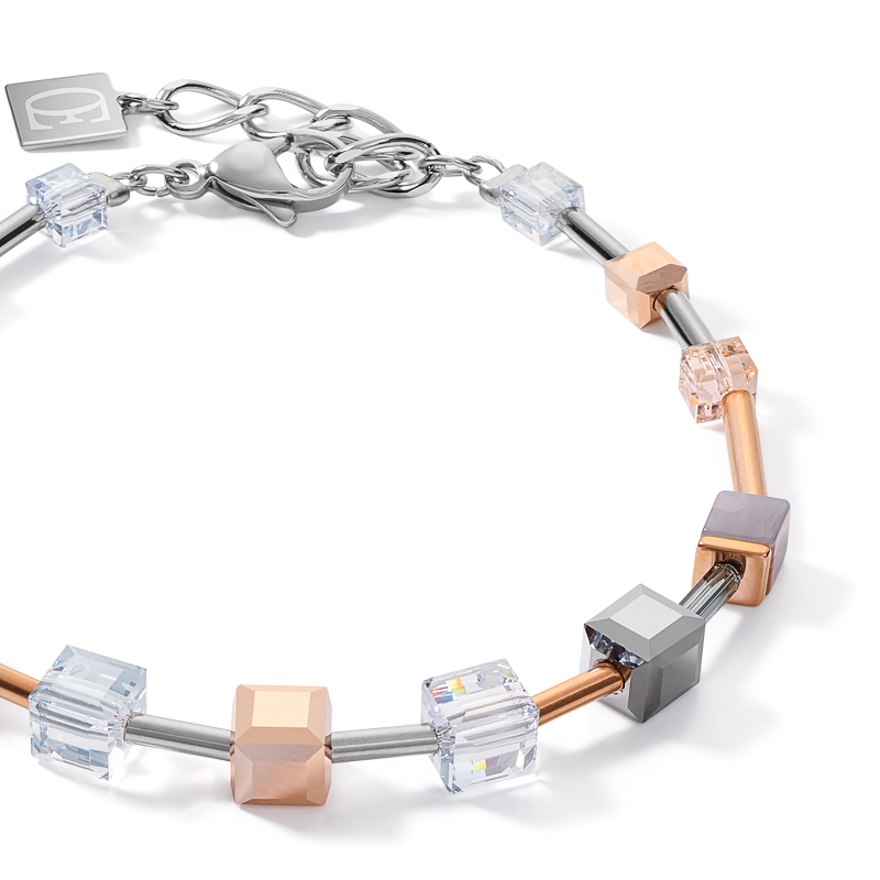 Bracelet GeoCUBE® big  Crystals, Botswana agate & stainless steel rose gold-silver