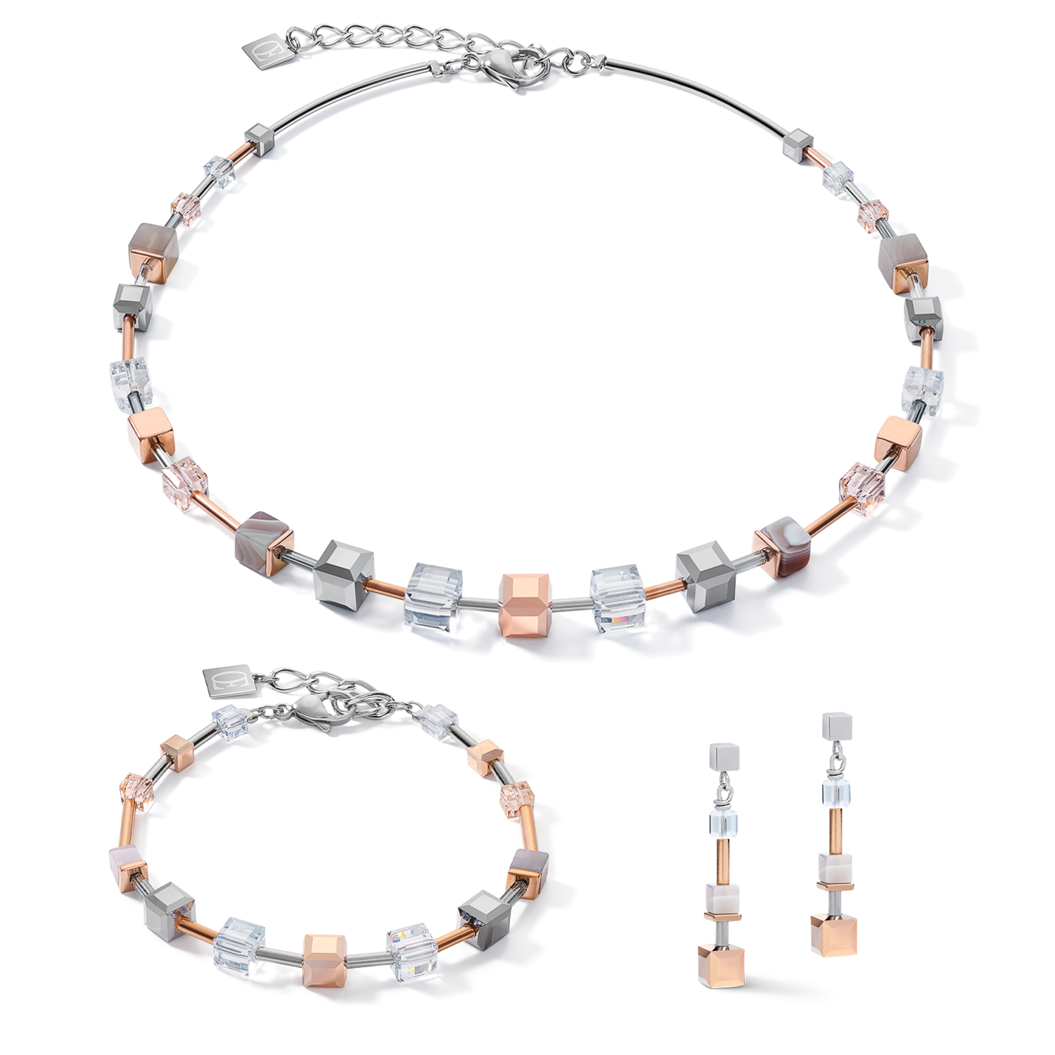 Bracelet GeoCUBE® big  Crystals, Botswana agate & stainless steel rose gold-silver