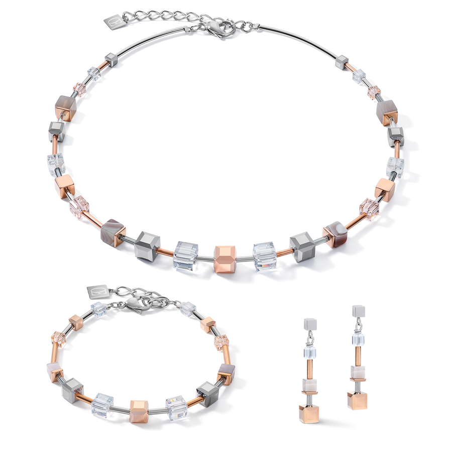 Bracelet GeoCUBE® big  Crystals, Botswana agate & stainless steel rose gold-silver
