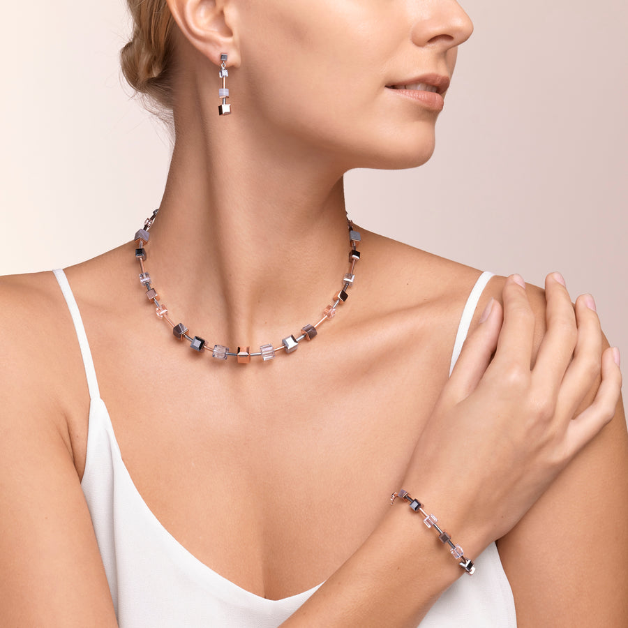 Bracelet GeoCUBE® big  Crystals, Botswana agate & stainless steel rose gold-silver