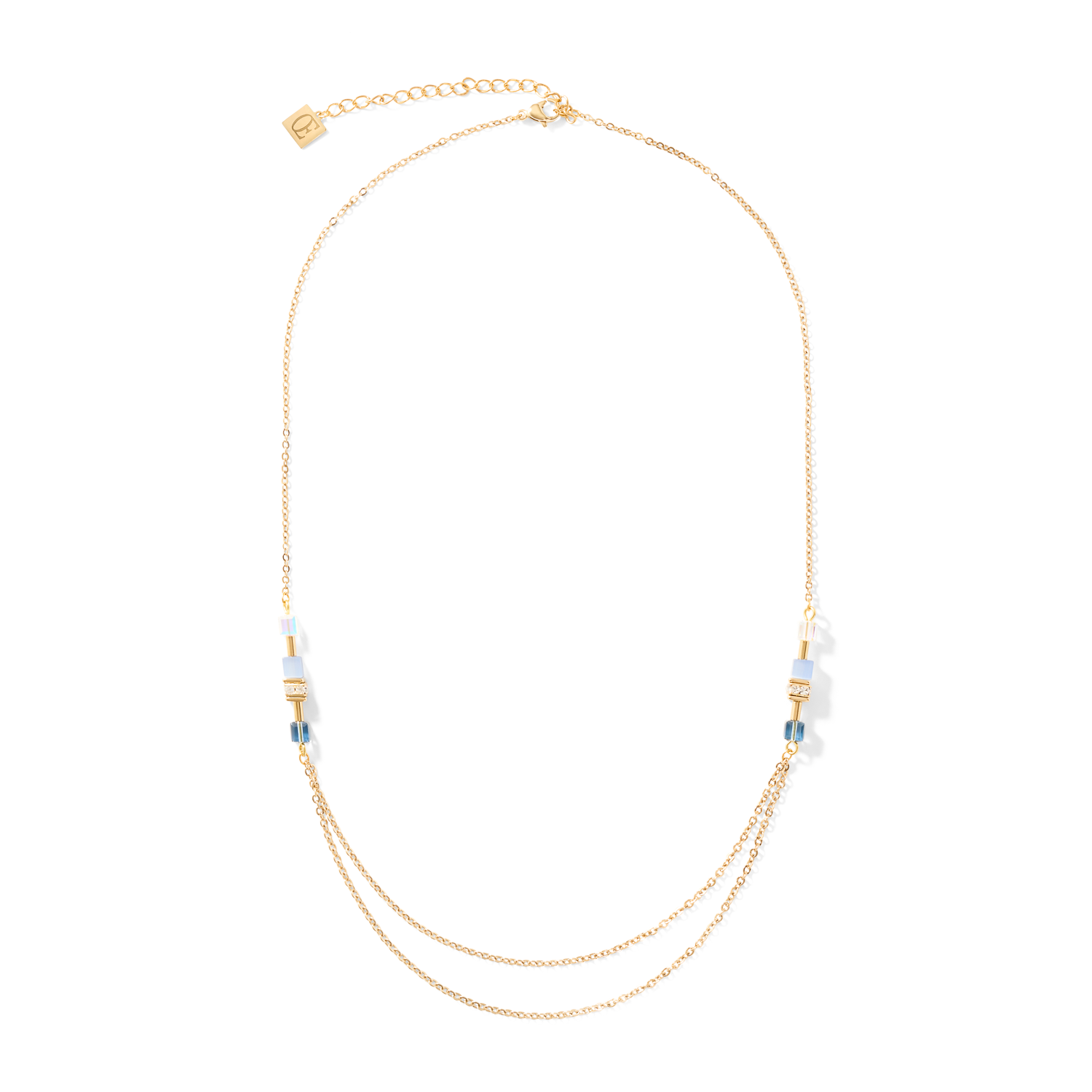 Necklace GeoCUBE® double chain long stainless steel gold-blue